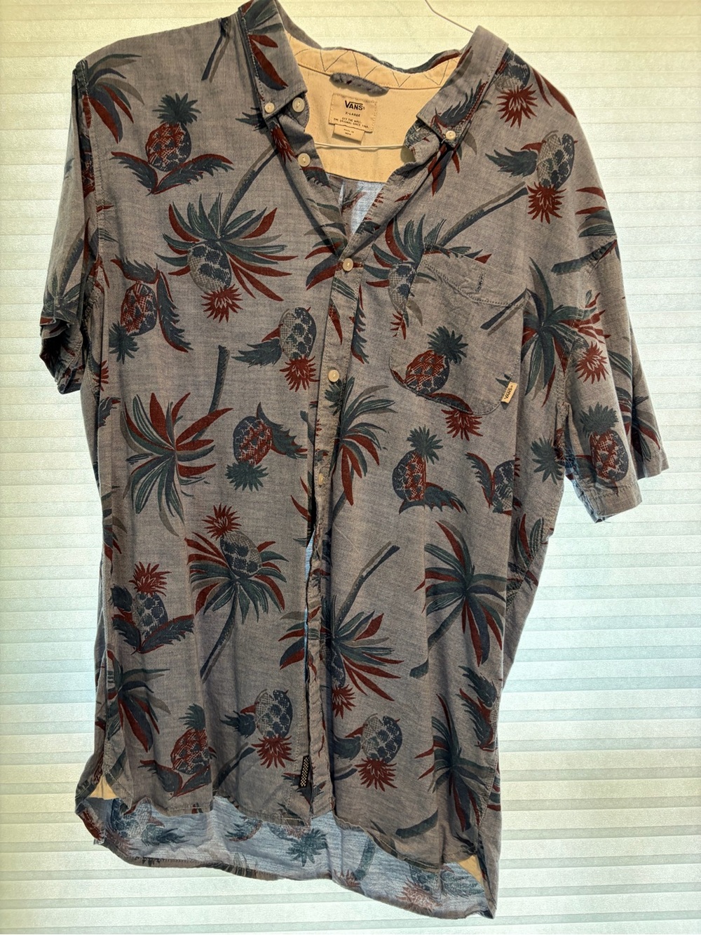 Vans Men's Short-Sleeve Button-Up Shirt - Blue with Rust & Dark Green Print